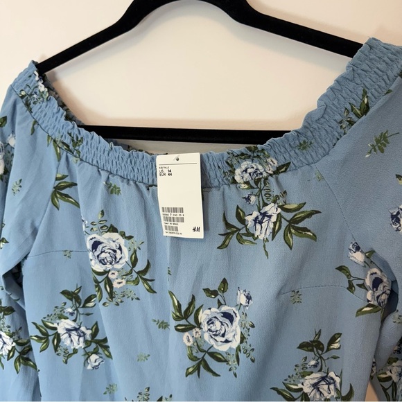H&M Floral Blue Off-Shoulder Minidress with Long Sleeves Size 14 - Picture 3 of 7